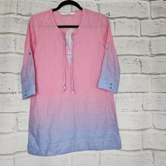 Robert Graham Isabelle Split V-Neck Embroidered Ombre Tunic Blouse Top Size XS - Picture 1 of 14